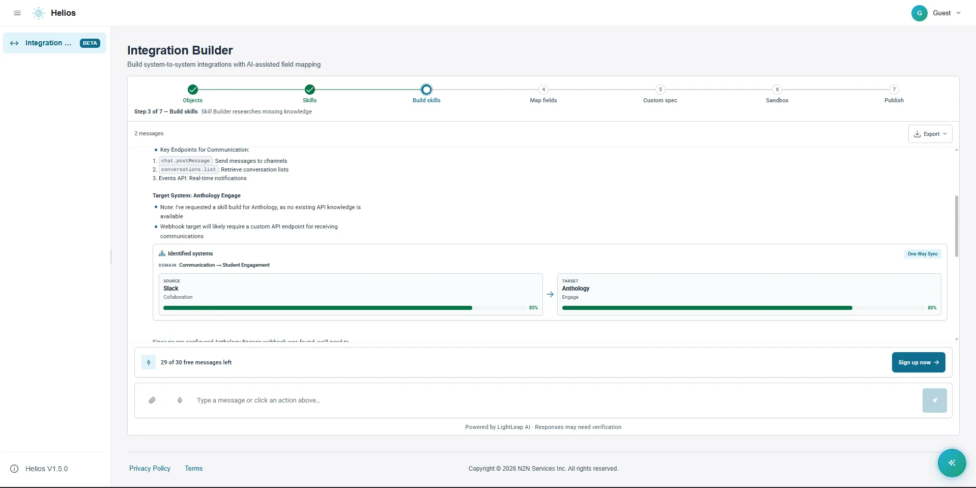 Helios Integration Builder showing identified systems Slack to Anthology Engage with confidence bars at 89% and 80% on a one-way sync.