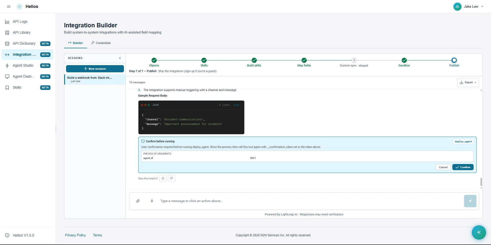 Helios deploy_agent confirmation card showing the sample request body in JSON, a preview of arguments, and Cancel / Confirm buttons.