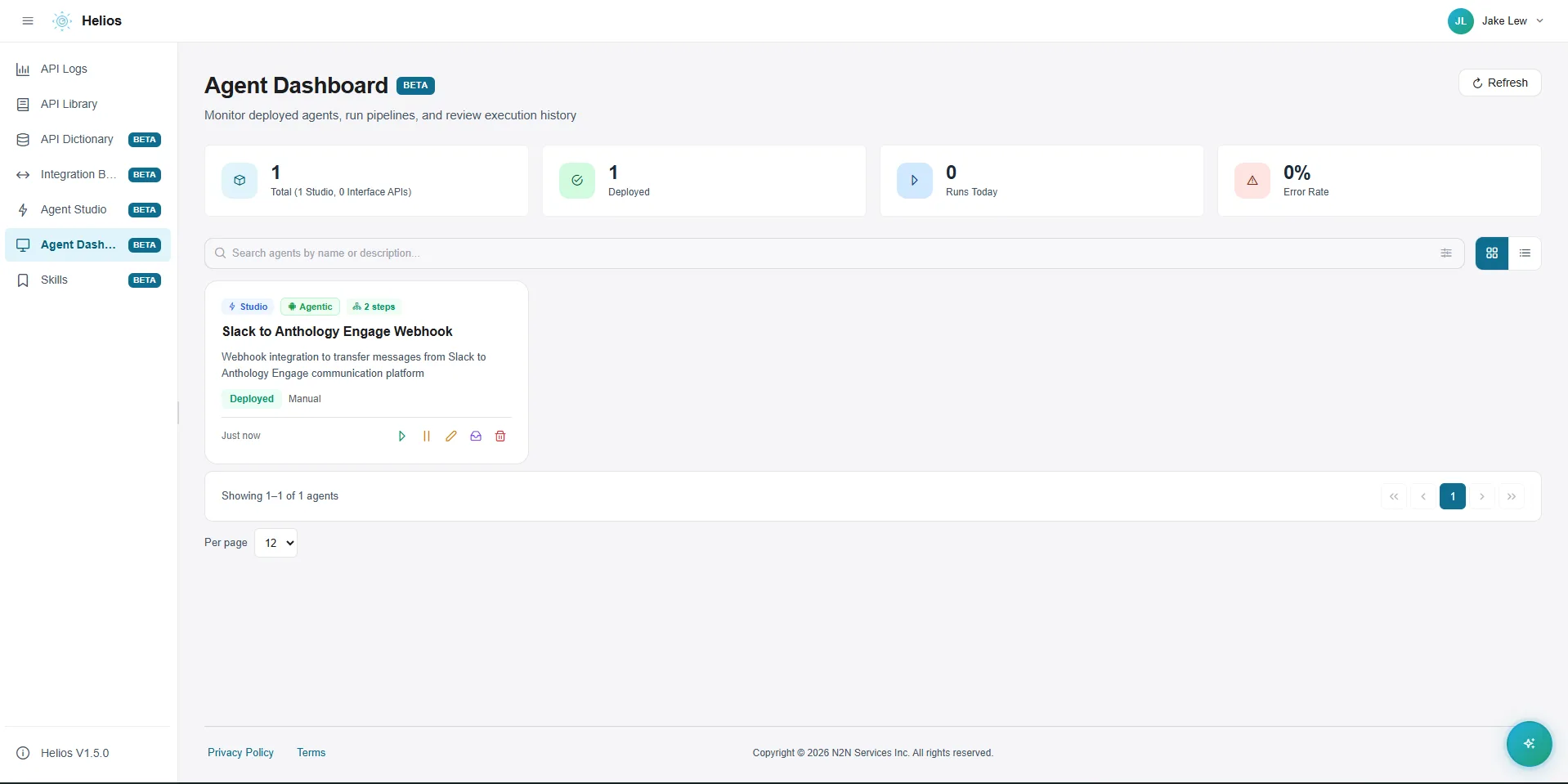 Helios Agent Dashboard showing 1 Total, 1 Deployed, 0 Runs Today, 0% Error Rate, and a deployed Slack to Anthology Engage Webhook agent card.