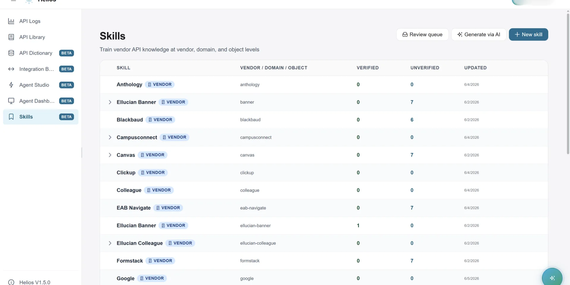 Helios Skills table showing per-vendor verified and unverified skill counts across Anthology, Banner, Canvas, Colleague, EAB Navigate, Ellucian, Formstack, and Google.
